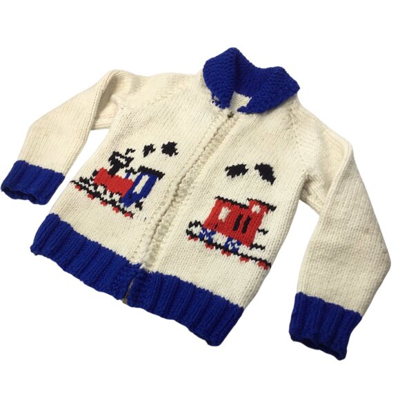 Vintage 60s Hand Knit Child's Cardigan Zipper Full Zip Sweater Train Double Side - Picture 3 of 9